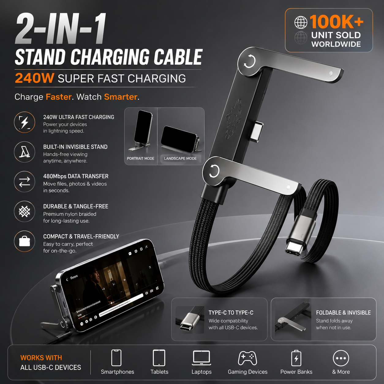 The Viral 240W 2-in-1 Invisible Stand Fast Charging Cable